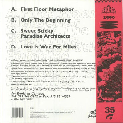 Back cover of a Theo Parrish vinyl record with tracklist, credits, and Peacefrog Records logo