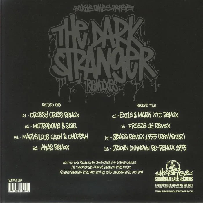 The Dark Stranger Remixes vinyl back cover with tracklist and graffiti-style text, Suburban Base Records.