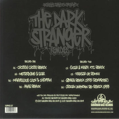 The Dark Stranger Remixes vinyl back cover with tracklist and graffiti-style text, Suburban Base Records.