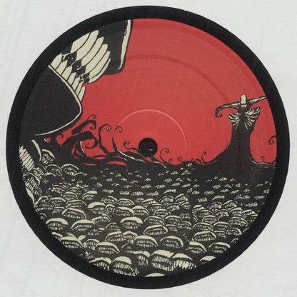 Illustrated vinyl record with abstract red and black artwork, featuring a cloaked figure and layered patterns.