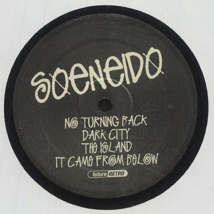 Black vinyl record with Soeniedo label and tracklist, including No Turning Back, Dark City, The Island, It Came From Below, and Future Retro logo.