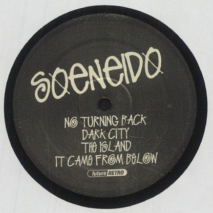 Black vinyl record with Soeniedo label and tracklist, including No Turning Back, Dark City, The Island, It Came From Below, and Future Retro logo.