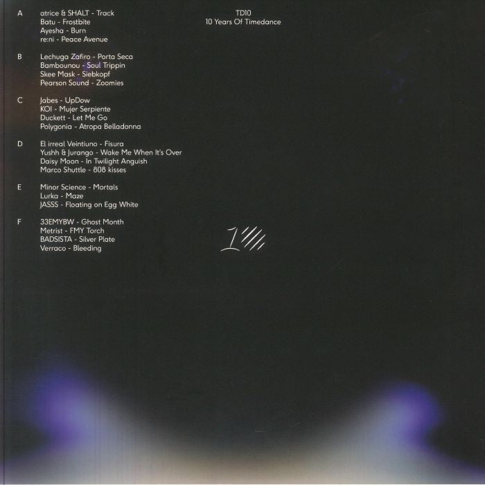 Black album cover with tracklist for TD10 10 Years Of Timedance vinyl, featuring artists and song titles