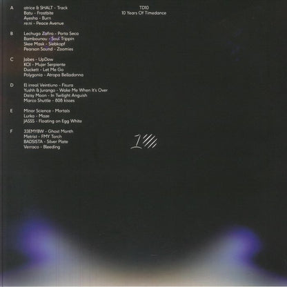 Black album cover with tracklist for TD10 10 Years Of Timedance vinyl, featuring artists and song titles