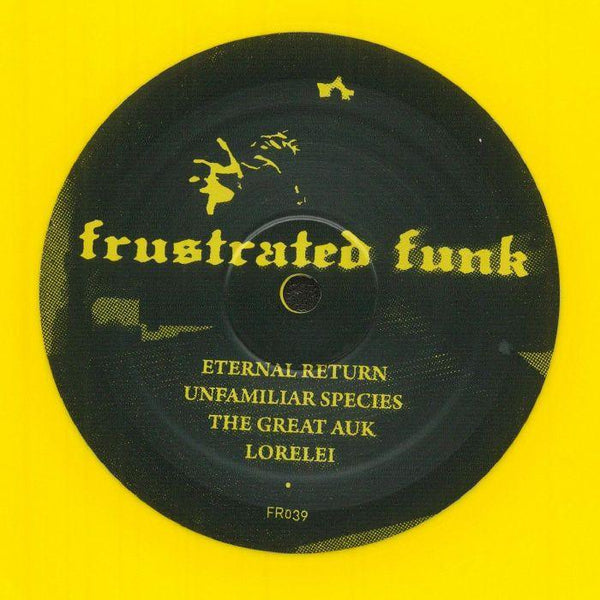 Black vinyl record with yellow 'frustrated funk' label and tracklist on bright yellow background.