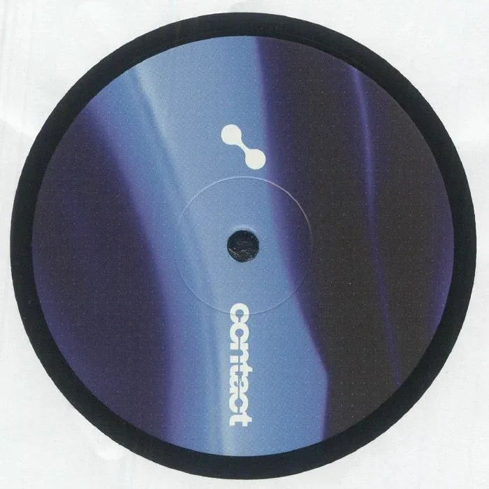 Vinyl record with abstract blue and purple label, white contact text, and two white dots