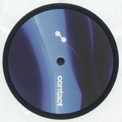 Vinyl record with abstract blue and purple label, white contact text, and two white dots