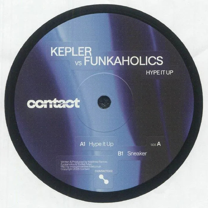 Kepler vs Funkaholics Hype It Up 12-inch vinyl record label with tracklist and contact logo