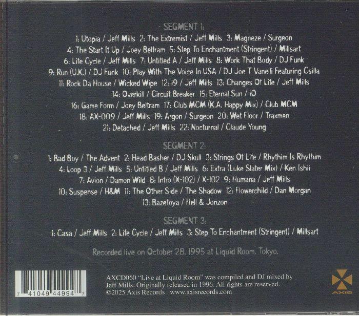 Back cover tracklist of techno CD featuring Jeff Mills, Joey Beltram, DJ Funk and others.