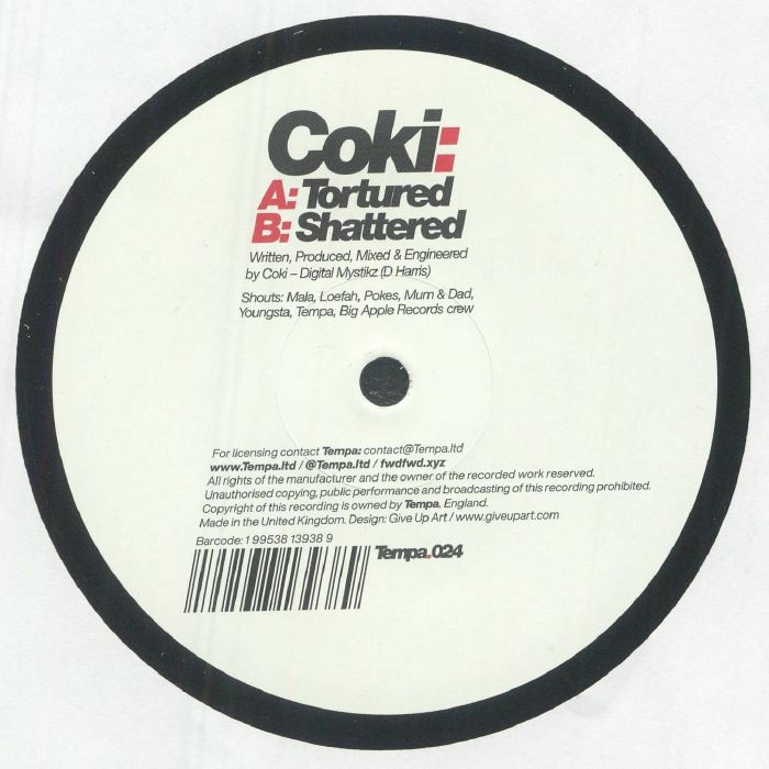 White vinyl record label with black border featuring Coki's tracks 'Tortured' and 'Shattered' from Tempa Records
