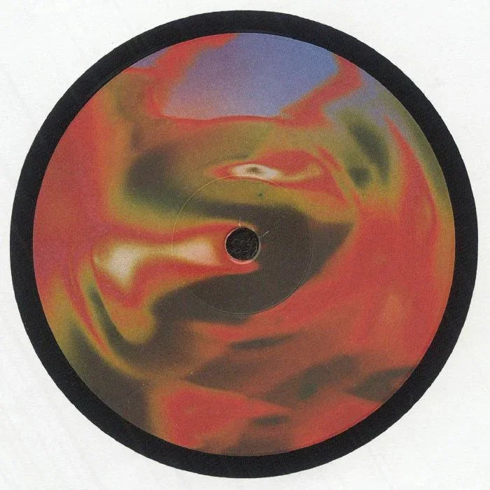 Vinyl record with abstract, colorful swirled label design on a white background