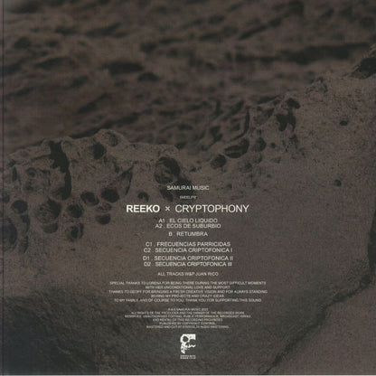 Samurai Music album back cover featuring tracklist for Reeko x Cryptophony with textured dark stone background