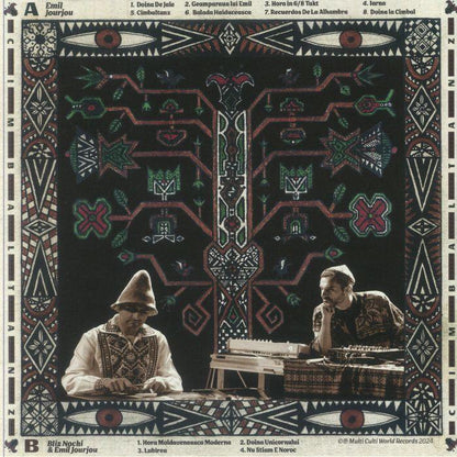 Folk musicians in traditional Eastern European attire playing cimbalom, patterned textile background