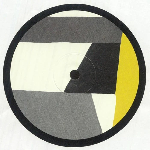 Vinyl record with abstract geometric label in black, gray, white, and yellow segments