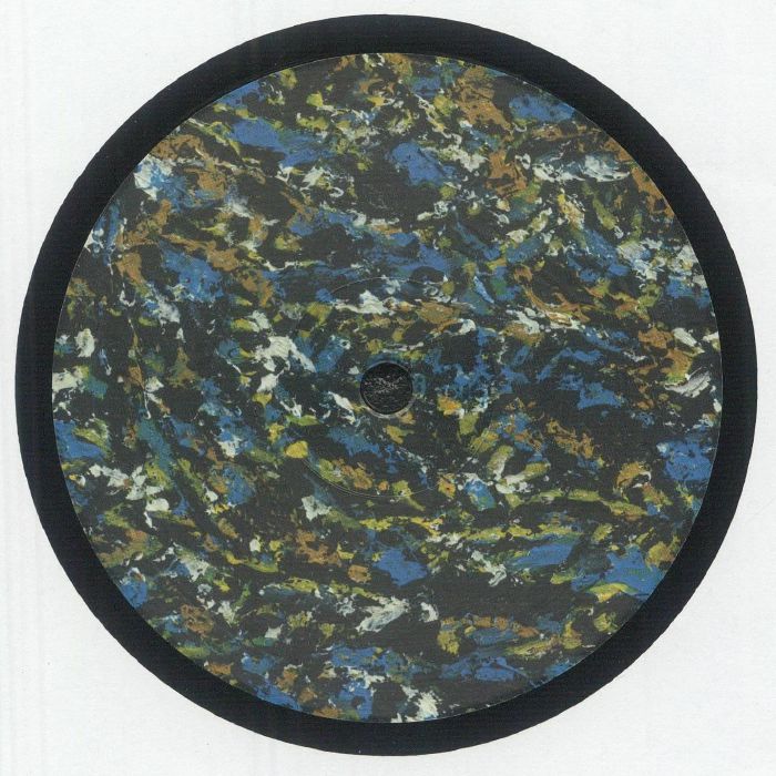 Round vinyl record with abstract blue, green, white, and brown marble pattern on black background