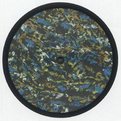 Round vinyl record with abstract blue, green, white, and brown marble pattern on black background