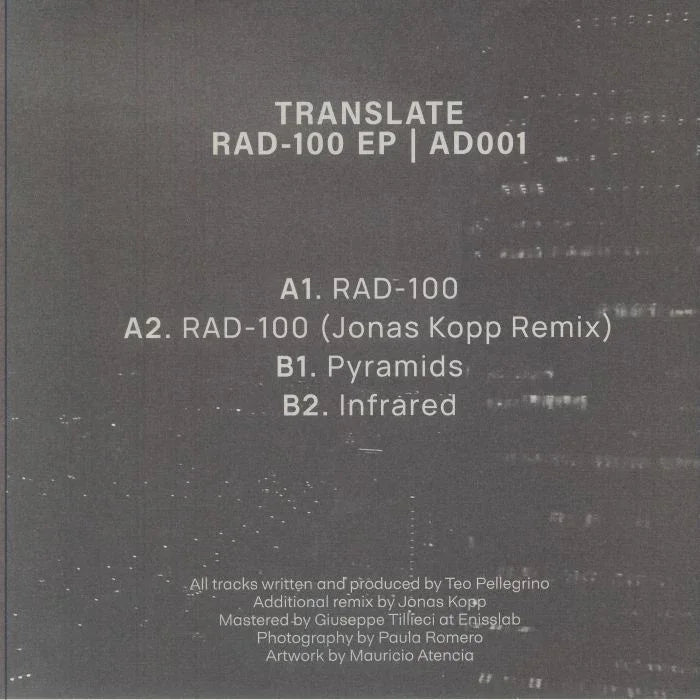 Translate RAD-100 EP vinyl cover with tracklist on a dark, abstract cityscape background.