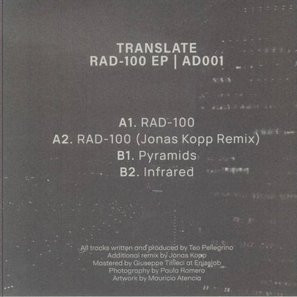 Translate RAD-100 EP vinyl cover with tracklist on a dark, abstract cityscape background.