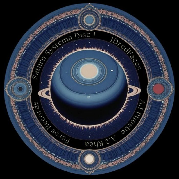 Artistic circular design featuring a blue Saturn-like planet with rings, surrounded by decorative borders and text referencing Saturn System and records