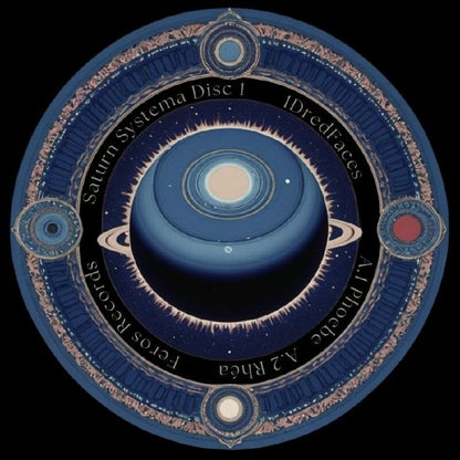Artistic circular design featuring a blue Saturn-like planet with rings, surrounded by decorative borders and text referencing Saturn System and records