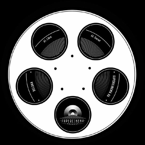 Black and white graphic of a film reel with five labeled sections including A1 Libra, A2 Secret, Deluka, and Supercinema Records logo