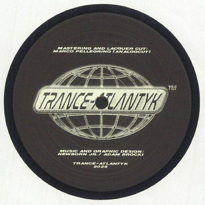 Trance-Atlantyk vinyl record label with globe graphic and artist credits, electronic music