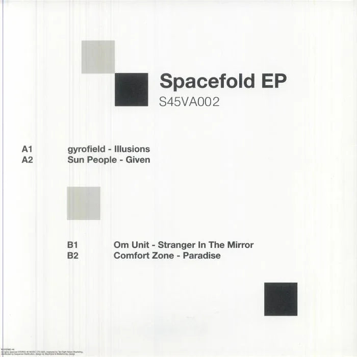 Minimalist Spacefold EP vinyl cover with artist and track list in black text on white background.