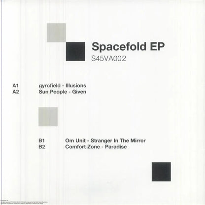 Minimalist Spacefold EP vinyl cover with artist and track list in black text on white background.