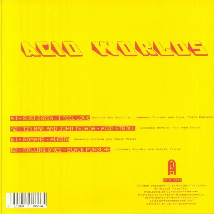Acid Worlds record sleeve with yellow background, tracklist, and bold stylized album title.