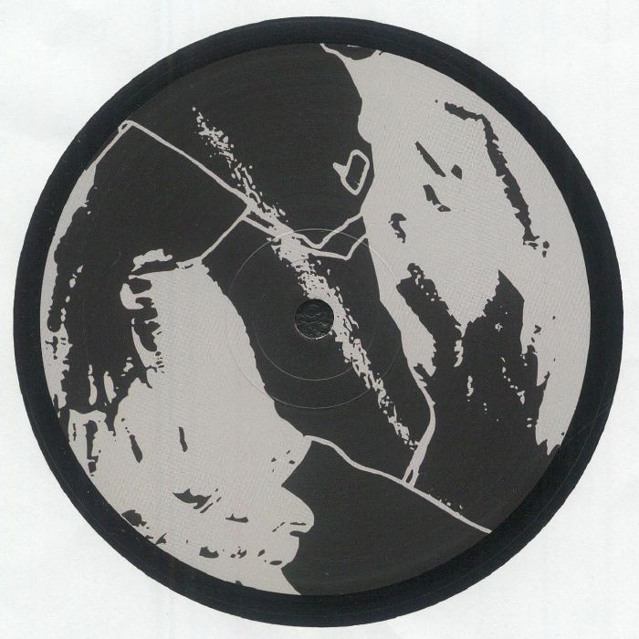 Black and white abstract pattern on a round vinyl record label with textured design