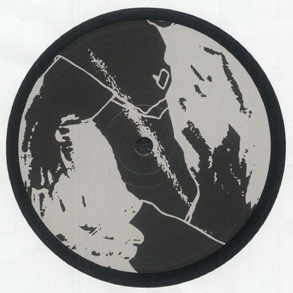 Black and white abstract pattern on a round vinyl record label with textured design