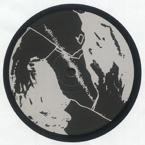 Black and white abstract pattern on a round vinyl record label with textured design