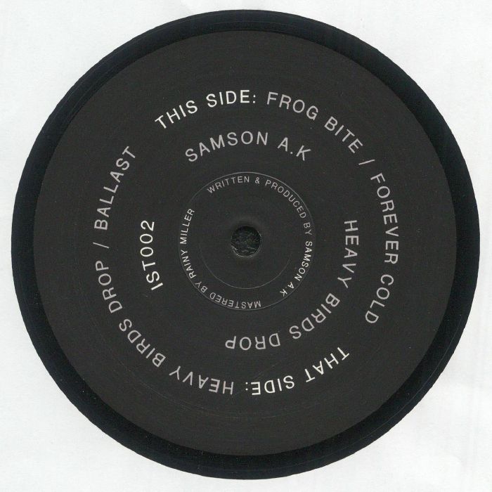 Black vinyl record label for Samson A.K. featuring tracks Frog Bite, Forever Cold, Heavy Birds Drop, and Ballast