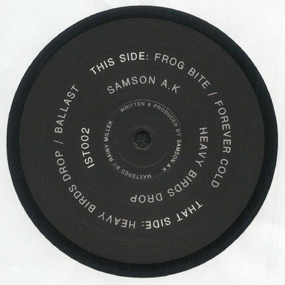 Black vinyl record label for Samson A.K. featuring tracks Frog Bite, Forever Cold, Heavy Birds Drop, and Ballast