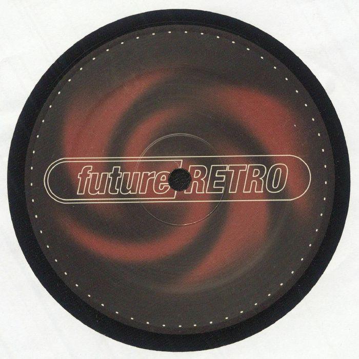 Vinyl record with 'future RETRO' text and abstract red black swirl design on label