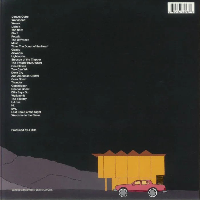 Album back cover with text list and illustration of a pink car and yellow building.