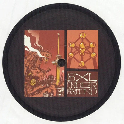 Vinyl record with orange artwork featuring a city scene, monster, Atomium structure, and 'BXL Underground' text.