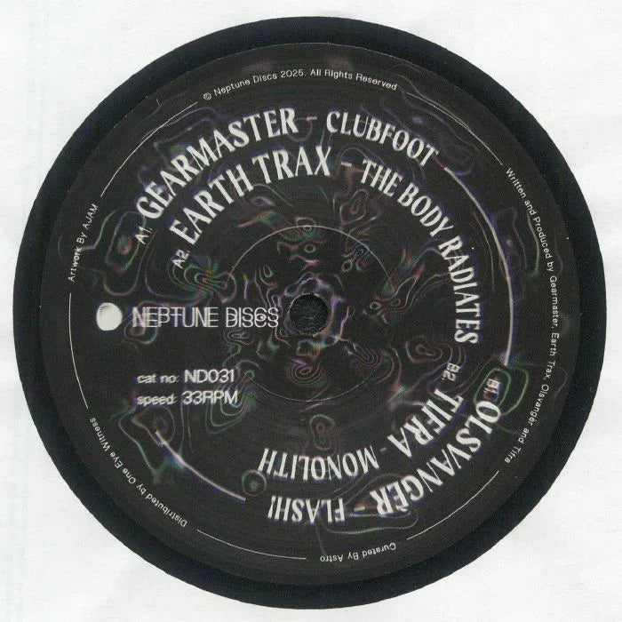 Neptune Discs vinyl record label with tracklist, swirling abstract design, catalog NDO31