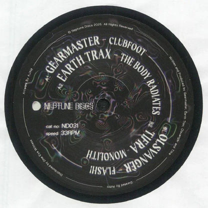 Neptune Discs vinyl record label with tracklist, swirling abstract design, catalog NDO31