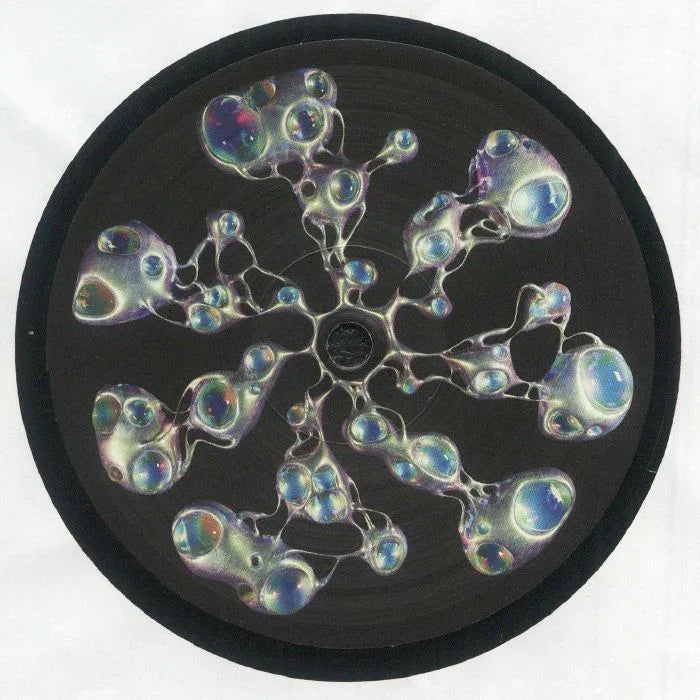 Black vinyl record with iridescent abstract bubble artwork on the label