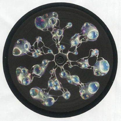 Black vinyl record with iridescent abstract bubble artwork on the label