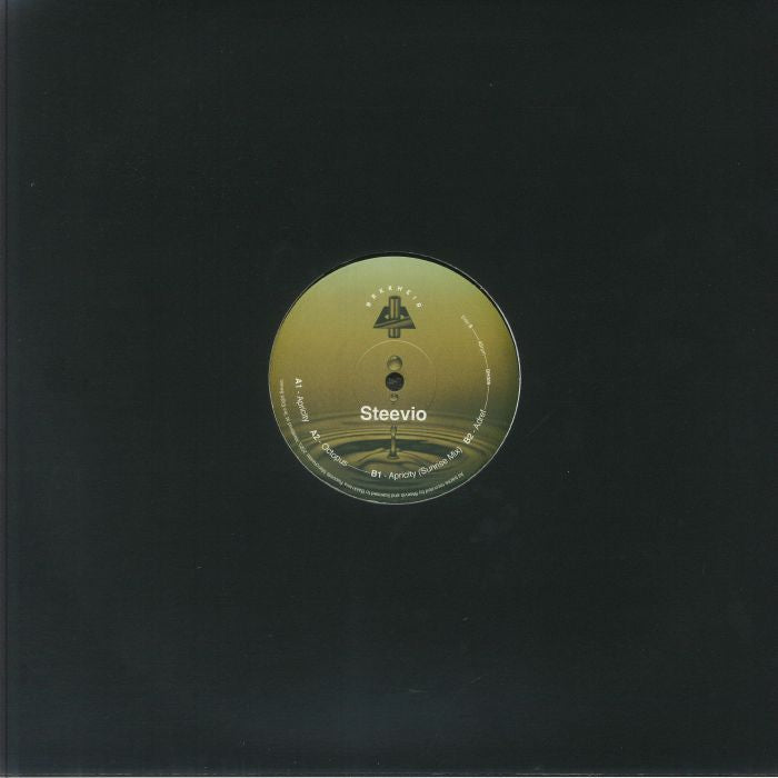Steevio vinyl record with black sleeve, label featuring water droplet and track list including Apricity and Octopoda