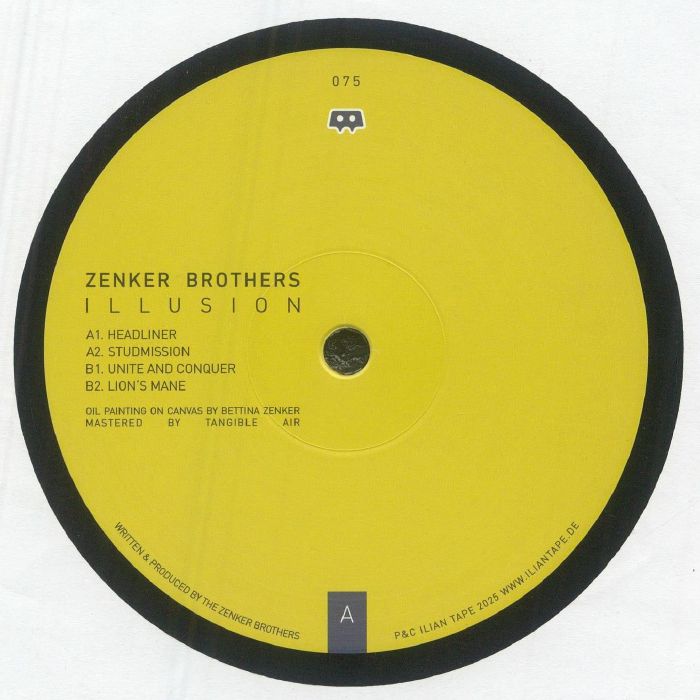 Yellow vinyl record label of Zenker Brothers Illusion with tracklist and black border