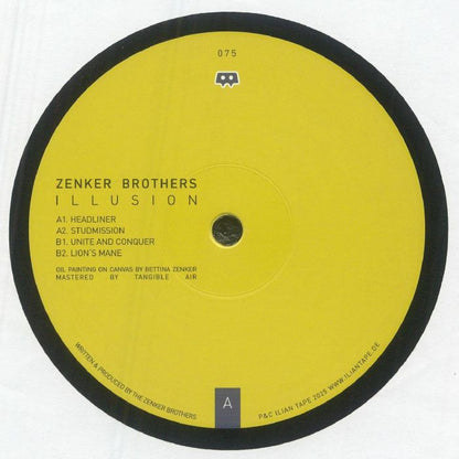 Yellow vinyl record label of Zenker Brothers Illusion with tracklist and black border