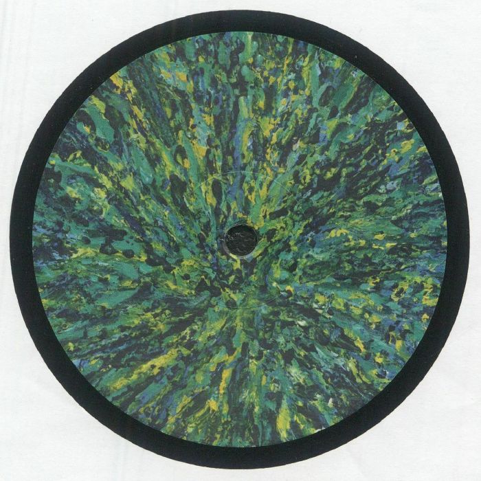 Close-up of a vinyl record with abstract green, yellow, and blue splatter pattern on the label