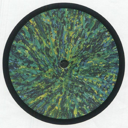 Close-up of a vinyl record with abstract green, yellow, and blue splatter pattern on the label