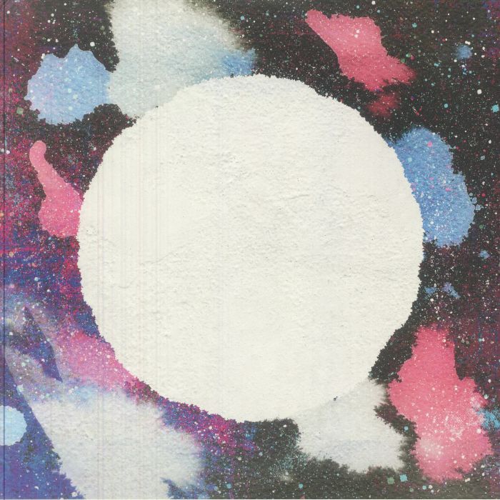 White sphere on a colorful abstract background with pink, blue, and black hues.