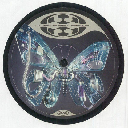 Vinyl record label featuring futuristic robotic butterfly artwork and the text JUPITERS DEATH.