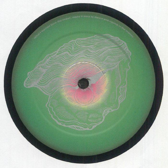 Green vinyl record with abstract oyster shell design and pink center, electronic music record