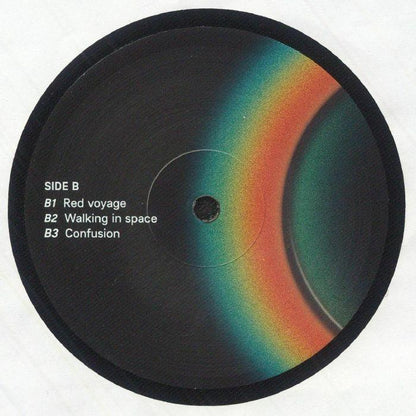 Vinyl record side B with rainbow arc design and tracklist: Red voyage, Walking in space, Confusion